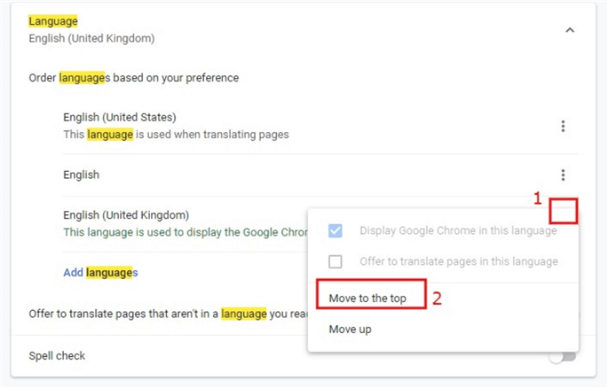 Diagram showing how to change default language in Settings page of Chrome browser