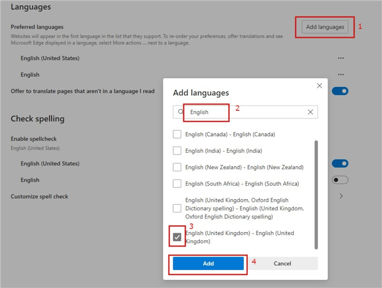 Diagram showing how to change default language in Settings page of Edge browser 2