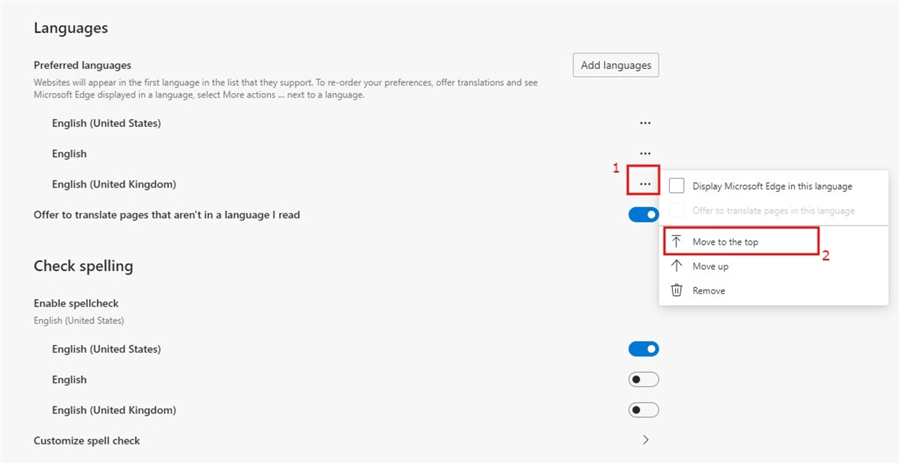 Diagram showing how to change default language in Settings page of Edge browser 3