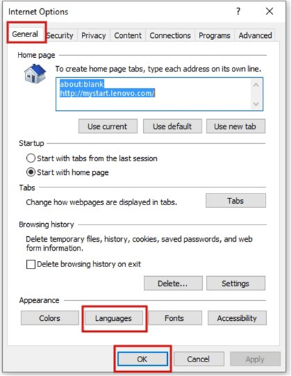 Selecting Language section of Internet Explorer browser Settings page