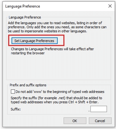 Selecting Language section of Internet Explorer browser Settings page 2