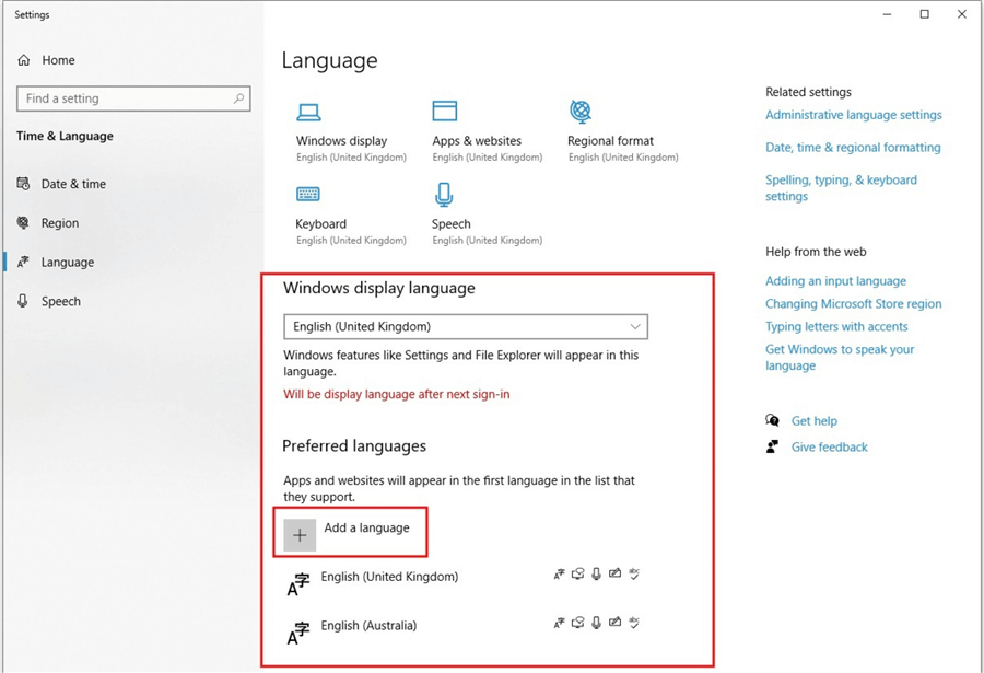 Diagram showing how to change default language in Settings page of Internet Explorer browser 