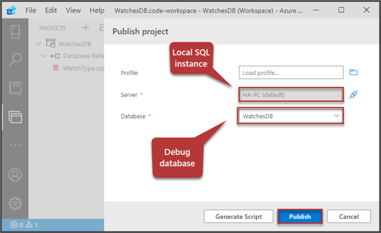 Publishing the project to the local/remote SQL instance