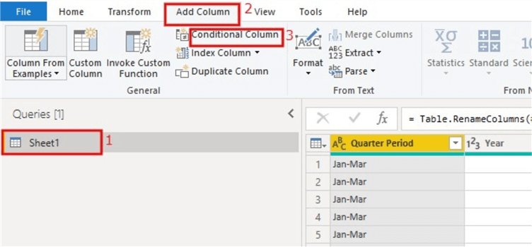 Snapshot showing how to navigate to and create conditional column