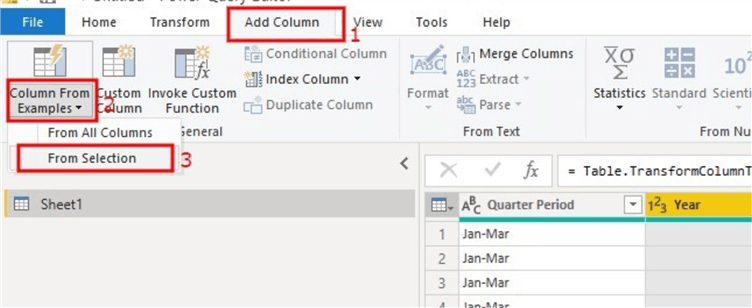 Snapshot showing how to navigate to and create column from examples