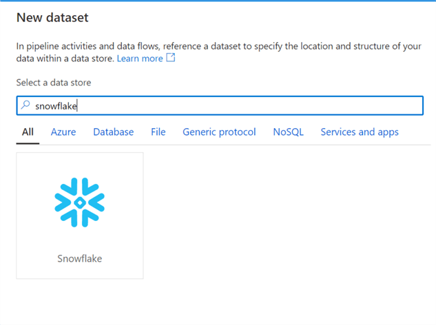 ADFSnowFlakeConnector Create new ADF DS to view snow connector
