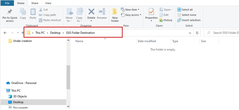 Snapshot showing empty destination folder