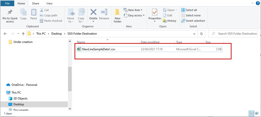 Snapshot showing CSV file in destination folder