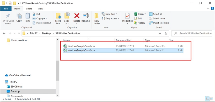 Snapshot showing CSV file in destination folder 2