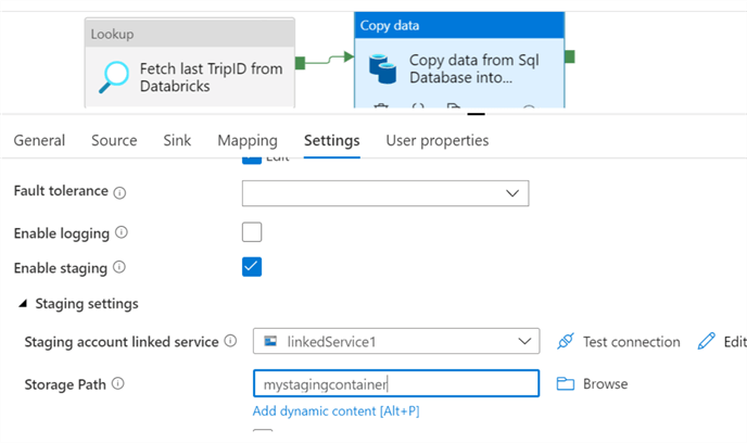azure data factory enable staging