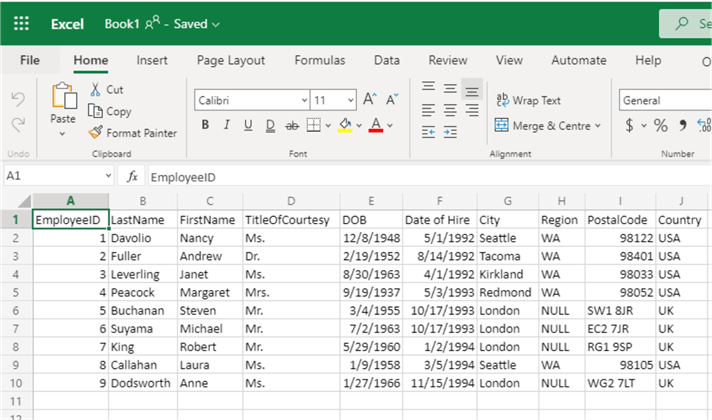Excel employees data source