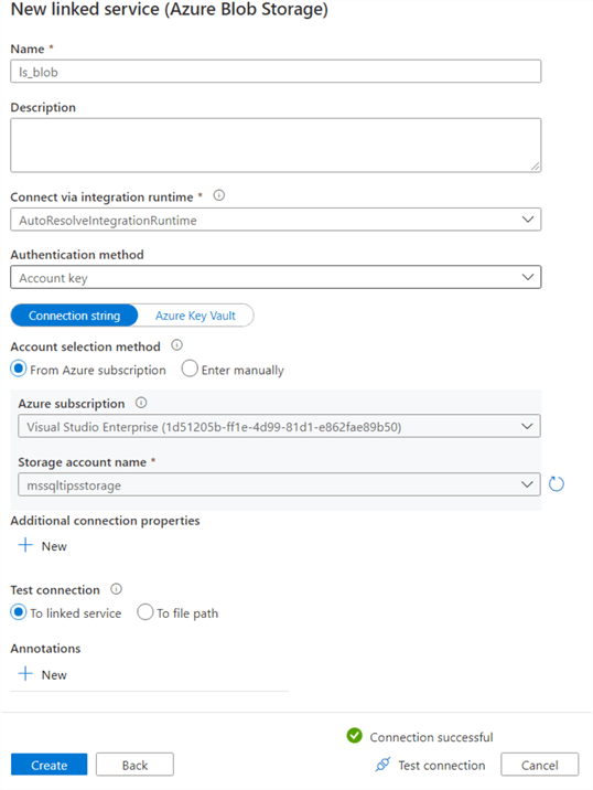 create linked service to storage account