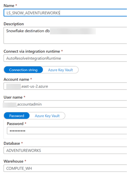 SnowDestDB Linked Service for Snow DestDB