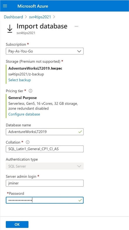 Parameter Driven Pipelines - Importing an Azure SQL database via the portal