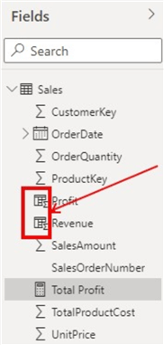 Diagram showing symbol for calculated column in Power BI