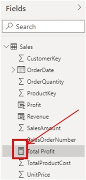Diagram showing symbol for calculated Measure in Power BI