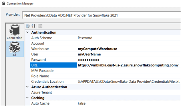 snowflake connection details in cdata provider