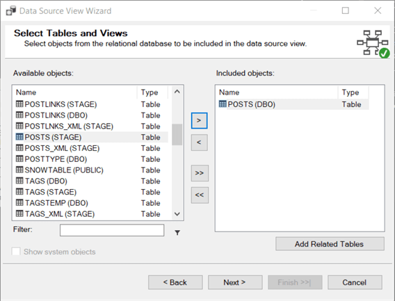 select tables to be included in dsv