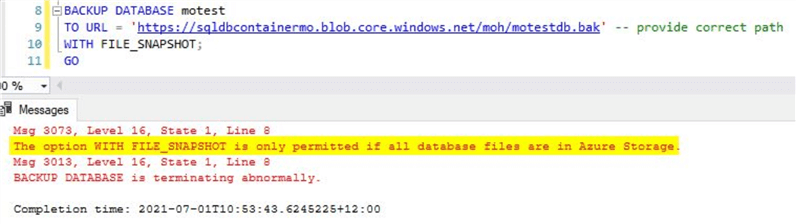 backup database with file snapshot error