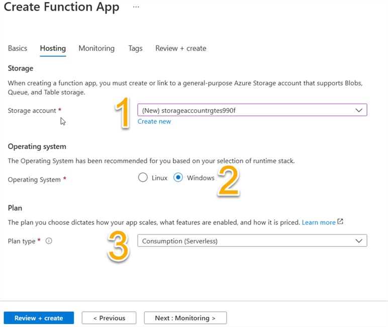 Create function app, select hosting