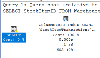 This screenshot shows the query plan for the query above doing a columnstore index scan.