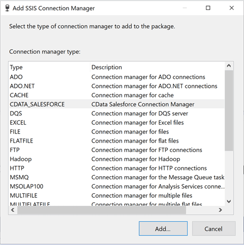 SSIS + CDATA Connectors - Using the connection manager to select the SalesForce component.
