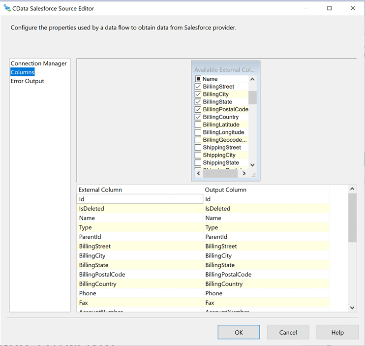 SSIS + CDATA Connectors - Remove unwanted columns from the "accounts" table.