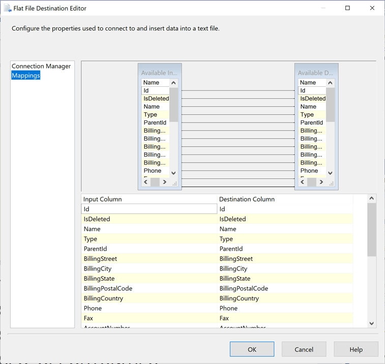 SSIS + CDATA Connectors - The mapping from source table to destination file is one to one.