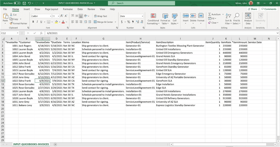 SSIS + CDATA Connectors - The excel file to create invoices from the SalesForce data.