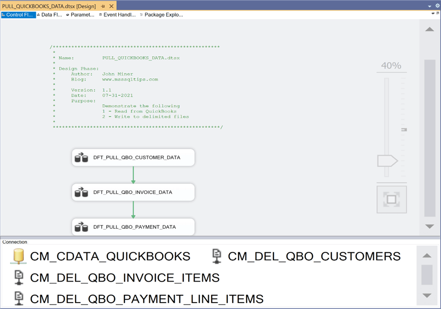SSIS + CDATA Connectors - The child package that save three quickbook tables to delimited files.