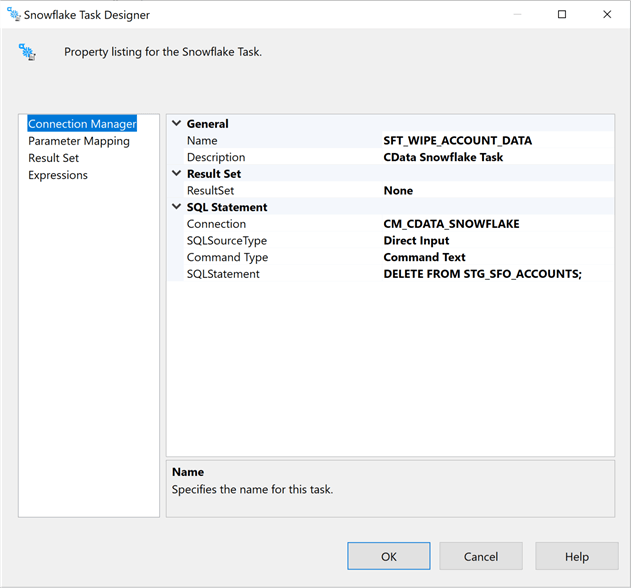 SSIS + CDATA Connectors - The snowflake task only accepts DML commands.