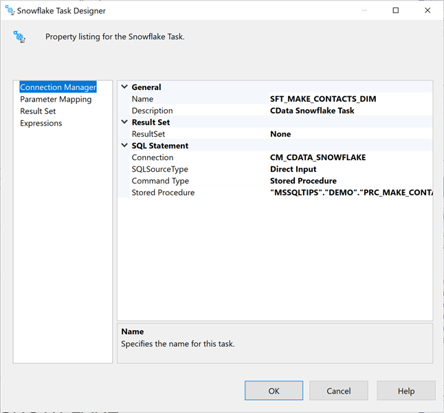 SSIS + CDATA Connectors - Snowflake task designer can call a stored procedure.