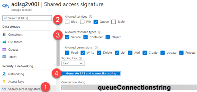 CopyConnectionString Copy the connection string from the SAS tab of ADLS 2
