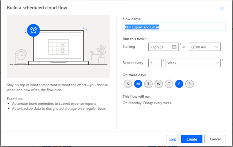 Setting up scheduled cloud flow in Power Automate 