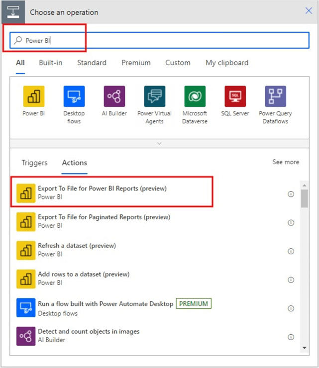 Adding an Export To Files for Power BI Reports flow step 