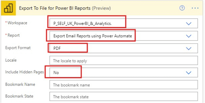 Configuring the Export To Files for Power BI Reports flow step 