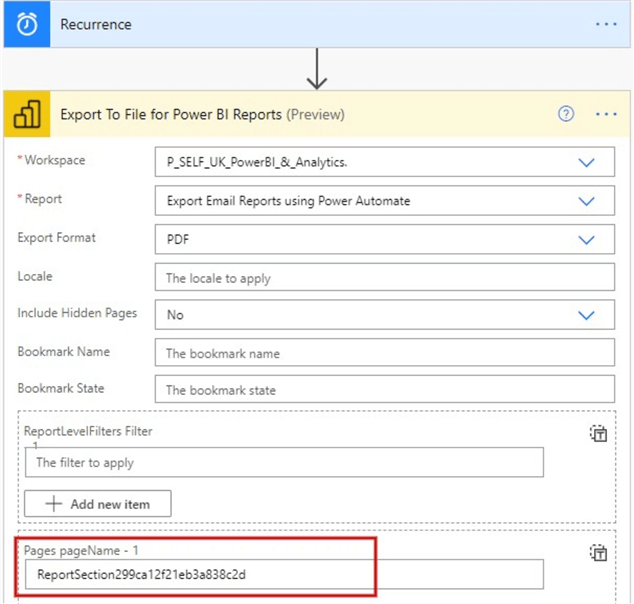 Where to add page name end URL from report pages in Power BI service in Power Automate flow 