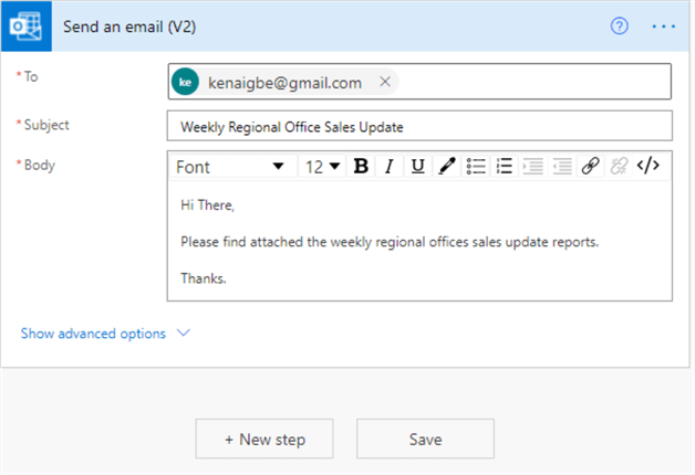 Configuring the Send an email flow step 