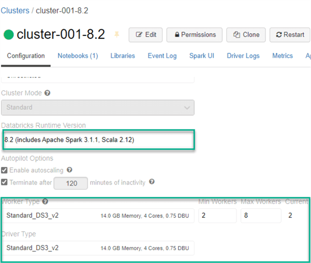 ClusterConfig Dbricks runtime version 8.2 cluster settings