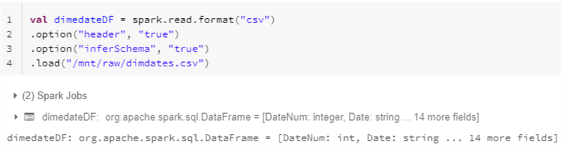 DimDateDF Data Frame for the Dim Date table
