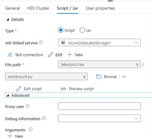 Script/Jar Config properties for HDInsight activity