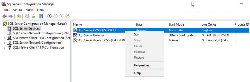 sql server configuration manager start service