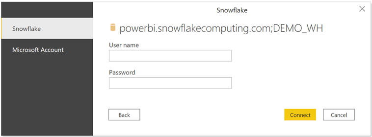 SnowflakePBIConfig2 Screenshot of the Snowflake credential prompt, showing the Username and Password fields.