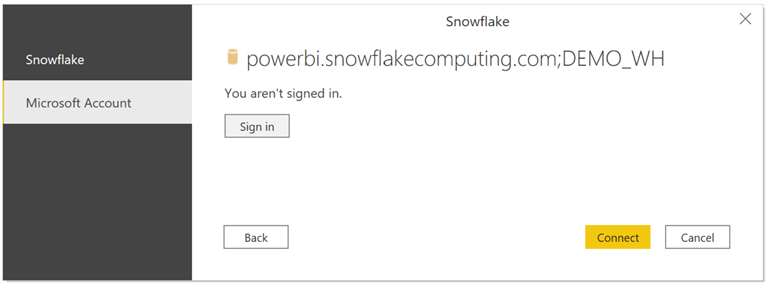 SnowflakePBIConfig3 Microsoft account authentication type in Snowflake connector.