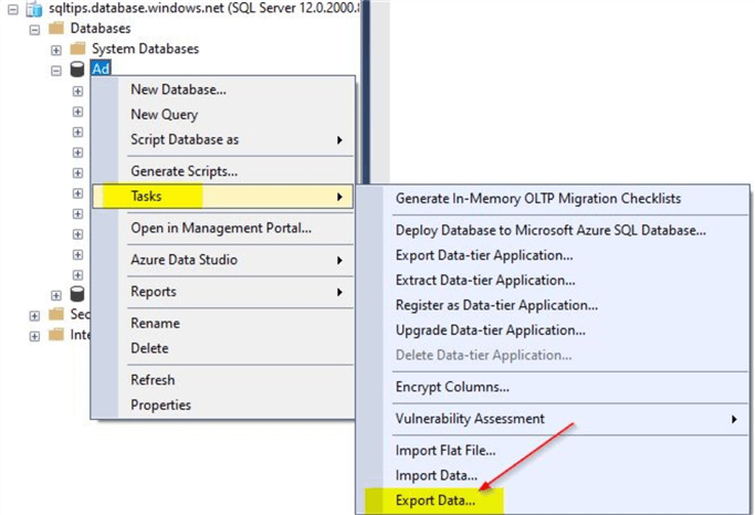 export data with ssms