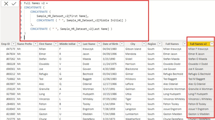 Power BI CONCATENATE function: Sample table showing Full Names v2 with Middle initials created  using CONCATENATE