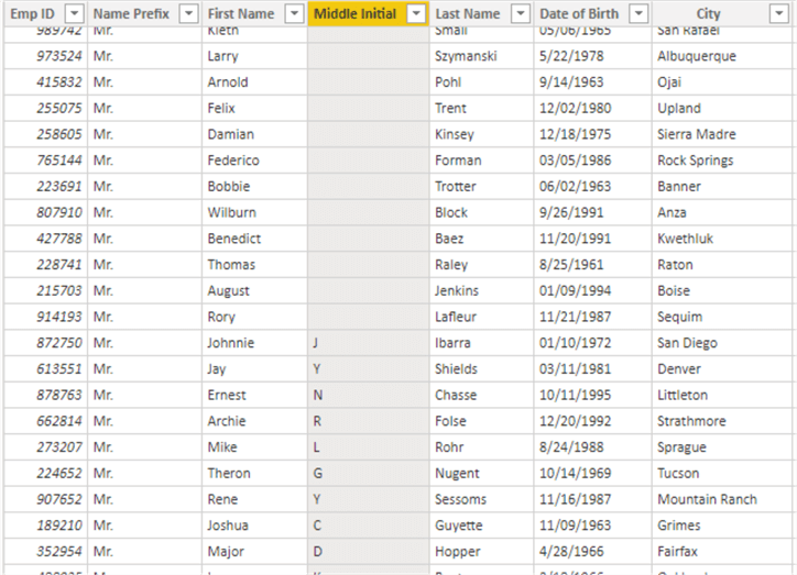 Power BI CONCATENATE function: Sample table showing Middle initial highlighted