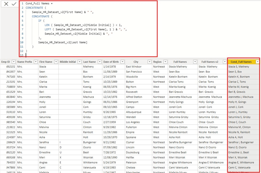 Power BI CONCATENATE function: Sample table showing Full Names created  using CONCATENATE with a conditional Middle name initial.