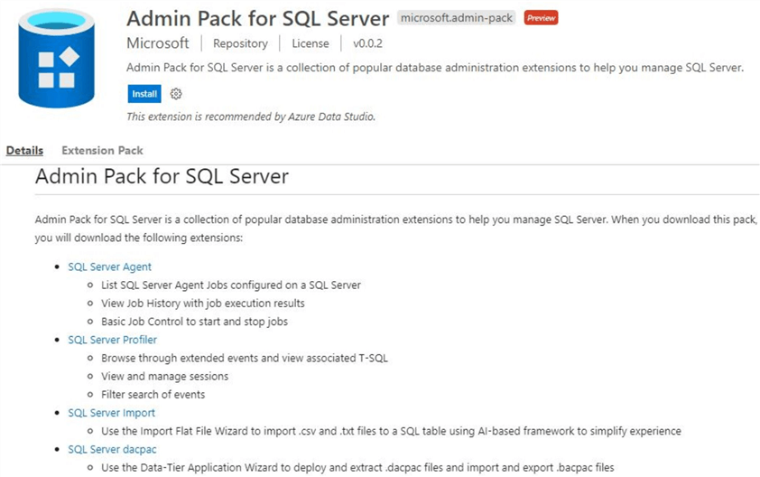 azure data studio extensions admin pack for sql server