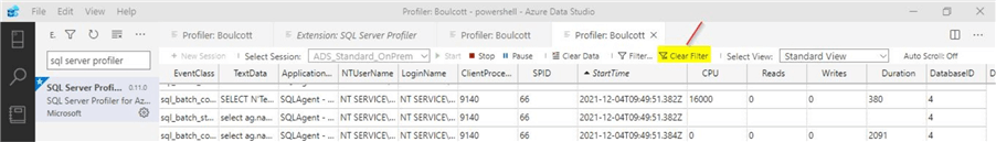 azure data studio and sql server profiler clear filters
